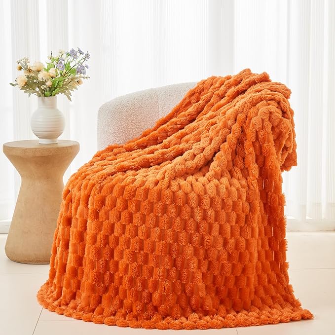 NEWCOSPLAY Super Soft Fall Throw Blanket Orange Premium Silky Flannel Fleece 3D Clouds Stylish Jacquard Lightweight Bed Blanket All Season Use 350GSM (Orange, Throw(50"x60"))