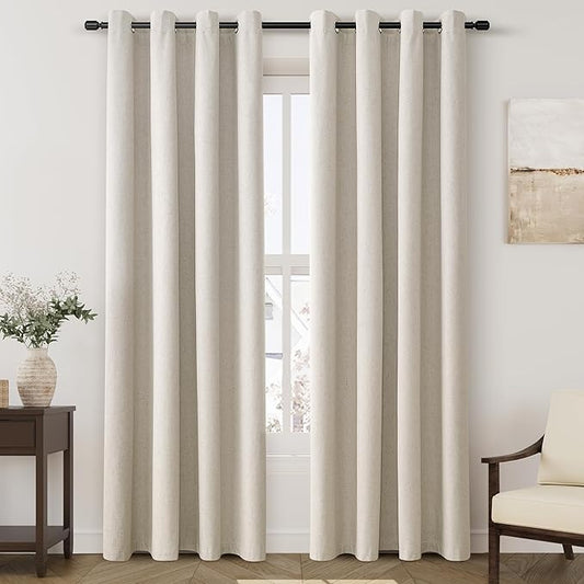 Grommet Greyish Beige Blackout Linen Curtains 84 inches Long for Bedroom Full Light Blocking Thermal Insulated Black Out Curtain Panels 84 Length Energy Saving Room Darkening Curtain White Backing