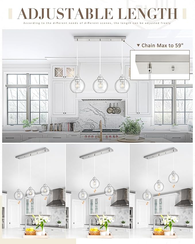 3-Light Globe Island Light, Linear Chandelier with Brushed Nickel Finish, Clear Glass Pendant Light Fixture for Dining Room Kitchen Island Living Room Pool Table, ZCPL101BN-3S