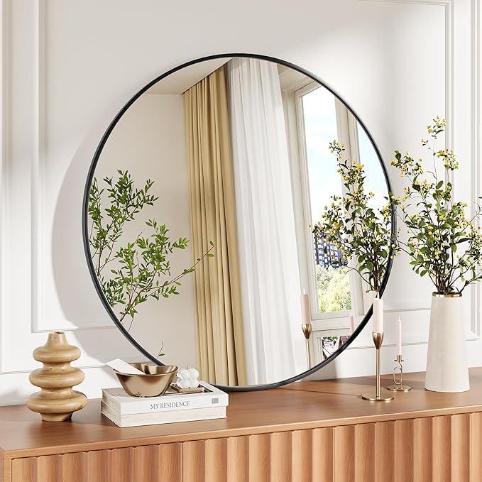 IDEALHOUSE 30Inch Black Round Wall Mirror, Circle Mirror Metal Frame for Bathroom, Vanity, Entryway, Bedroom, Living Room, Wall Mounted Modern Rustic Decor