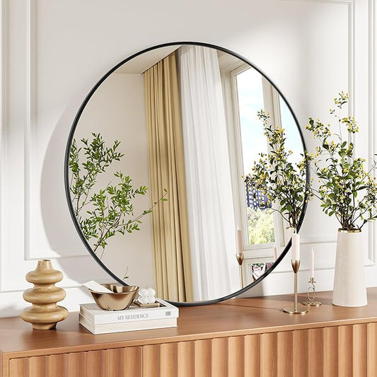 IDEALHOUSE 30Inch Black Round Wall Mirror, Circle Mirror Metal Frame for Bathroom, Vanity, Entryway, Bedroom, Living Room, Wall Mounted Modern Rustic Decor
