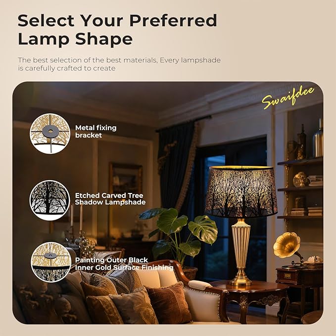 Large Oval Etched Metal Lampshade with Forest Pattern, (14×8.5)" Top x (16×10.5)" Bottom x 9.5" High, lron Cover Lamp Shade for Table Lamps, Floor Lamps Replacement (Antique Black and Gold)