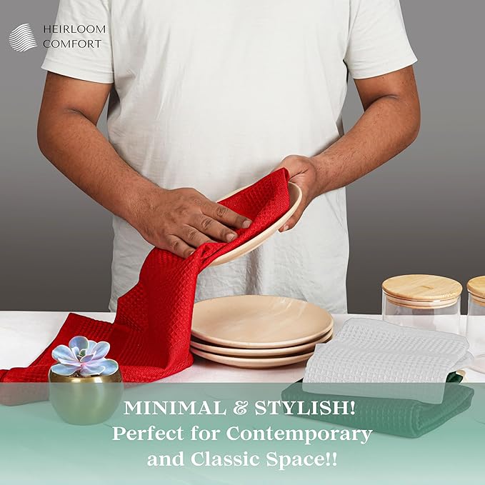 12 Pack Multi Color Waffle Weave Kitchen Towels, 16x26 Inch, 100% Cotton, Super Absorbent, Quick Dry, Hand Towels for Drying Dishes, Cleaning, Durable - Red, White, Forest Green