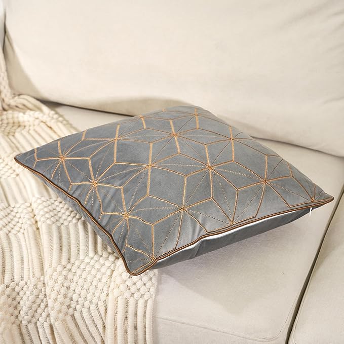 Aeckself Gray Velvet Pillow Cover 16 x 16 Inch, Luxury Modern Square Gold Plaid Geometric Embroidery Decorative Throw Pillow Cover for Couch Living Room Bedroom