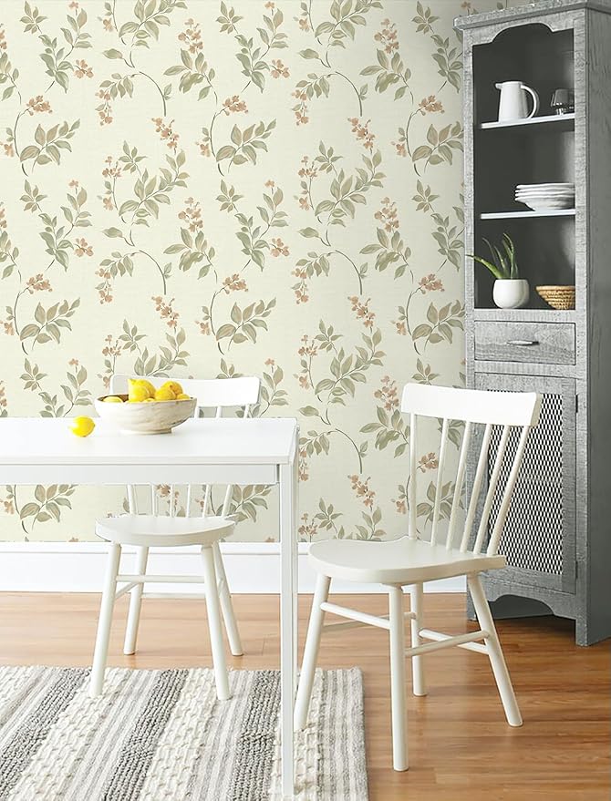 Vinjiasin Peel and Stick Wallpaper Beige Floral Contact Paper Vintage Flower Leaf Self Adhesive Removable Wall Paper for Bathroom Bedroom Livingroom 16.1"x 118"