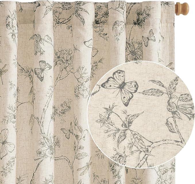 Lazzzy Grey Floral 84 Inch Length Curtains Lined Linen Farmhouse Back Tab Drapes for Living Room Bedroom Light Filtering Vintage Rod Pocket, 2 Panels, Gray on Beige