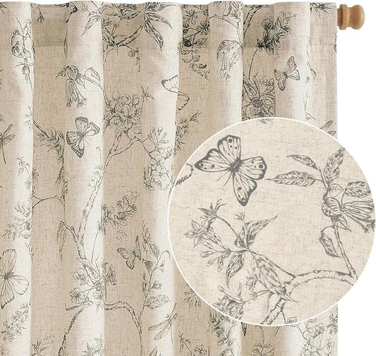 Lazzzy Grey Floral 84 Inch Length Curtains Lined Linen Farmhouse Back Tab Drapes for Living Room Bedroom Light Filtering Vintage Rod Pocket, 2 Panels, Gray on Beige