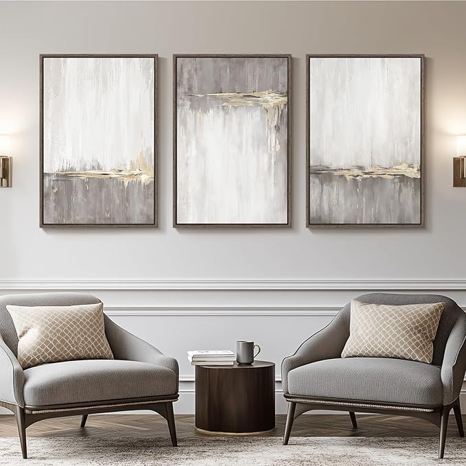 Large Framed Neutral Abstract Wall Art for Living Room, 3 Piece Gray Tan White Gold Canvas Prints, Modern Minimalist Grey Landscape Painting Artworks for Entryway Hallway Office Wall Decor, 24x36 In