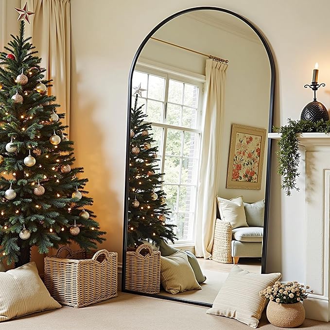 TinyTimes 78''x38'' Oversized Full Length Mirrors, Arched Floor Mirror with Stand, Full Body Large Standing Mirror/Leaning/Hanging Wall Mounted for Living Room, Bedroom, Black