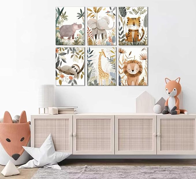 6Pcs Boho Baby Animals Wall Art Jungle Safari Canvas Paintings Cute Giraffe Elephant Lion Wall Decor Prints Inspirational Forest Animals Posters Pictures for Nursery kids Boys Bedroom Framed