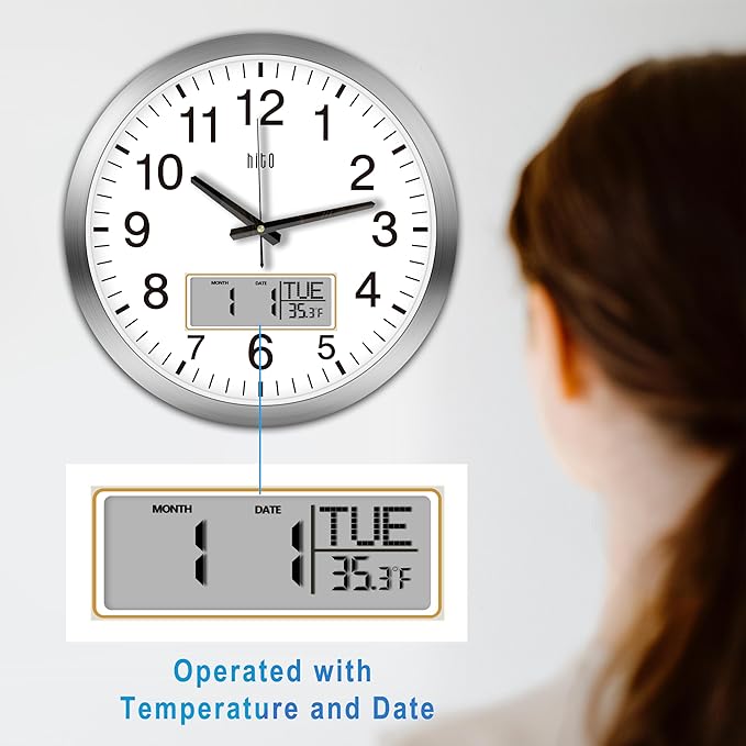 HITO 14 Inch Silent Wall Clock Battery Operated with Temperature and Date, Large Wall Clock for Living Room Decor, Office, Classroom, Bedroom