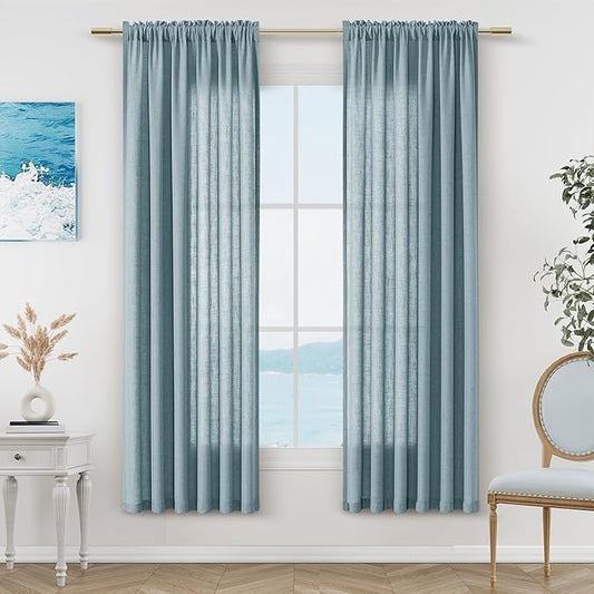 Guken Blue Linen Curtains 72 Inch Length for Living Room Bedroom 2 Panels Set Rod Pocket Light Filtering Semi Sheer Window Curtains 52 Inch Width Boho Farmhouse Linen Drapes Dusty Blue, W52xL72