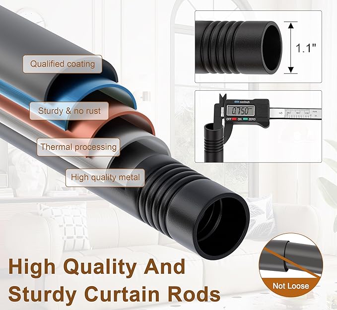 OEMQOBE Curtain Rods for Windows 16 to 120 Inches, Heavy Duty Industrial Curtain Rods 2 pack, Adjustable Wrap Around Blackout Curtains Rod, Black Drapery Rod, 1 Inch Indoor/Outdoor Drapery Pole
