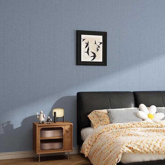 Blue Grey Faux Grasscloth Wallpaper Peel and Stick Linen Textured 24"x394" Upgraded Thick Self-Adhesive Waterproof Neutral Decorative Contact Paper Vinyl Film Roll for Wall Bedroom Kitchen