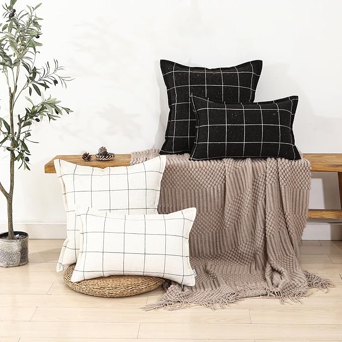 Plaid Pillow Black and White Plaid Boho Farmhouse Linen Throw Pillow Covers Set of 2, 16x16 Inches, Black