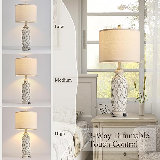 28" Table Lamps for Living Room Set of 2, Farmhouse Lamps for Bedroom with USB A+C Charging Ports, Touch Lamps for Nightstand, 2 Bulbs Included