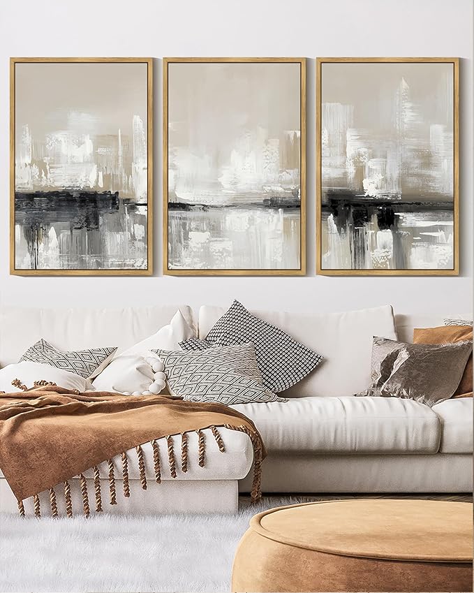 KUVIOKE Abstract Gray Framed Wall Art Neutral Brown Artwork Painting Morden Minimalist Wall Decor Rustic Home Decor 16x24in (Natural Framed)