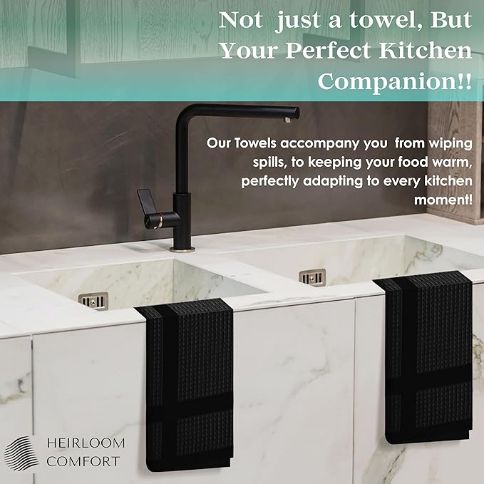 12 Pack Black Waffle Weave Kitchen Towels, 16x26 Inch, 100% Cotton Dishcloth Set, Super Absorbent, Fast Dry, Teal Towels, Soft Hand Towel, Dish Rags, Wash Cloth, Cleaning, Durable