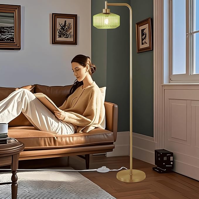 NanFeng Green Floor Lamp for Living Room,Mid Century Modern Standing Lamp Brass with Ribbed Green Globe Glass Lampshade Pedal Switch,Gold Tall Floor Lamps Vintage for Bedroom Study Room Art Deco Retro