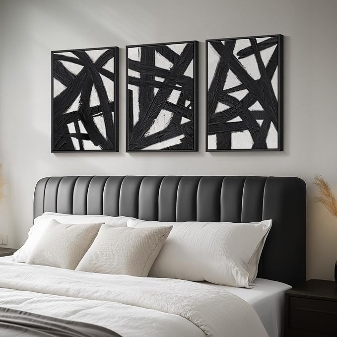 Framed Black and White Abstract Wall Art for Living Room, 3 Piece Modern Canvas Prints Artwork for Walls, Minimalist Black Lines Paintings for Hallway, Bedroom, Office Wall Decor, 16x24 Inch
