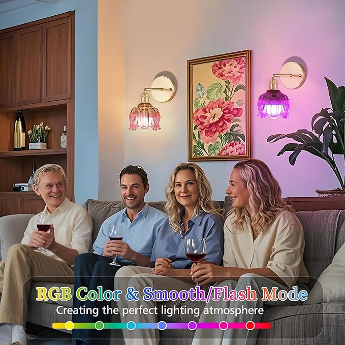 Battery Operated Wall Sconce with Remote Control,Vintage Wall Sconce with Flower lampshade and Timer,Rechargeable Battery Wall lamp Wall Lights with 15 Colors for Bedroom Living Room Doorway,Pink