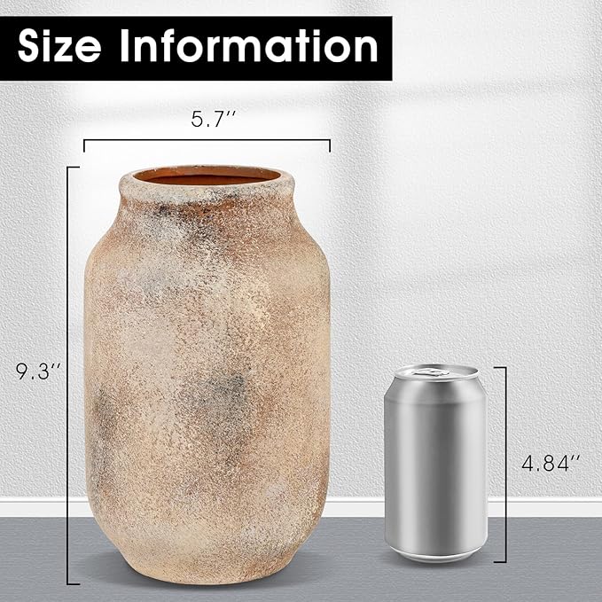Rustic Ceramic Farmhouse Flower Large Vase, Whitewashed Terra Cotta Vase, Pottery Decorative Flower for Home Decor, Table, Living Room Decoration, Shelf Decor, Mantel, 9.5 Inch, Terra