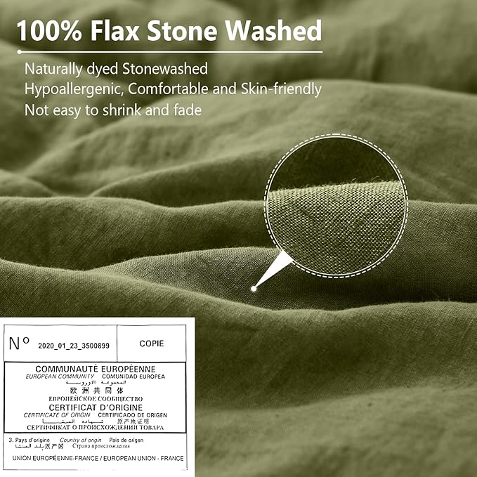 Simple&Opulence 100% Linen Pillow Case Queen Size Set of 2, Olive Green Pillow Covers with Overlap Closure, Luxury Breathable Pillowcases Protectors Suitable for All-Season (20" X 26", Olive Green)