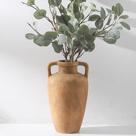 Large Ceramic Vase with 2 Handles, 11.41 inch Terracotta Rustic Farmhouse Vase for Home Decor, Wide Mouth, Living Room Shelf Decor, Enterway, Wedding, Table Decoration