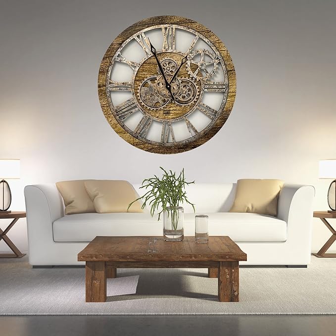 ImprovingLife The Gears Clock The Original Real Moving Gear Wall Clock Vintage Industrial Oversized Rustic Farmhouse (24 inch (60cm),Gold Antique)