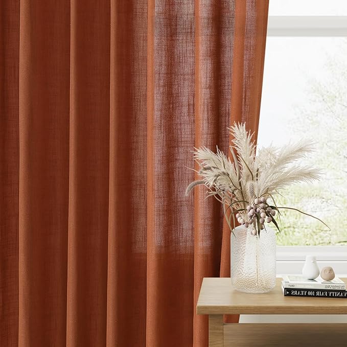 Guken Terracotta Linen Curtains 96 Inch Length for Living Room Bedroom 2 Panels Set Rod Pocket Light Filtering Semi Sheer Window Curtains 52 Inch Width Boho Farmhouse Linen Drapes, W52xL96