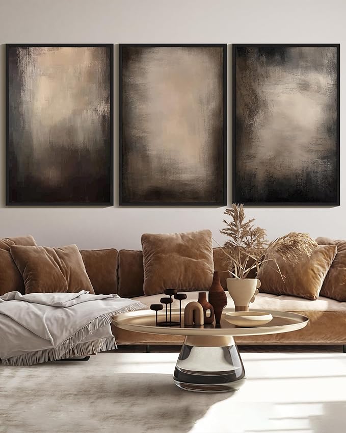 KUVIOKE Abstract Framed Wall Art Set Earthy in Deep Brown and Beige Tones Modern Art Decorative Home Decor 24x36in (Black Framed)