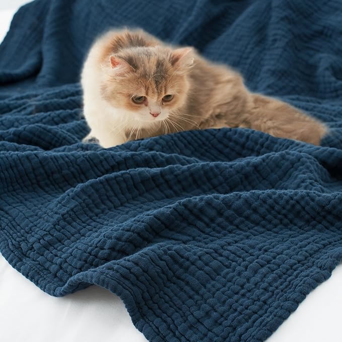 Carriediosa 100% Cotton Muslin Throw Blanket 50" X 70" Throw XL Size，4-Layers Summer Gauze Throws for Bed Couch，Soft Lightweight Breathable Linen Blankets Bedspread for Adults All Season，Navy Blue