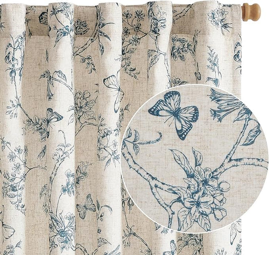 Lazzzy Blue Floral Curtains 84 Inch Length Lined Linen Farmhouse Back Tab Drapes for Living Room Bedroom Light Filtering Vintage Rod Pocket, 2 Panels, Blue on Beige
