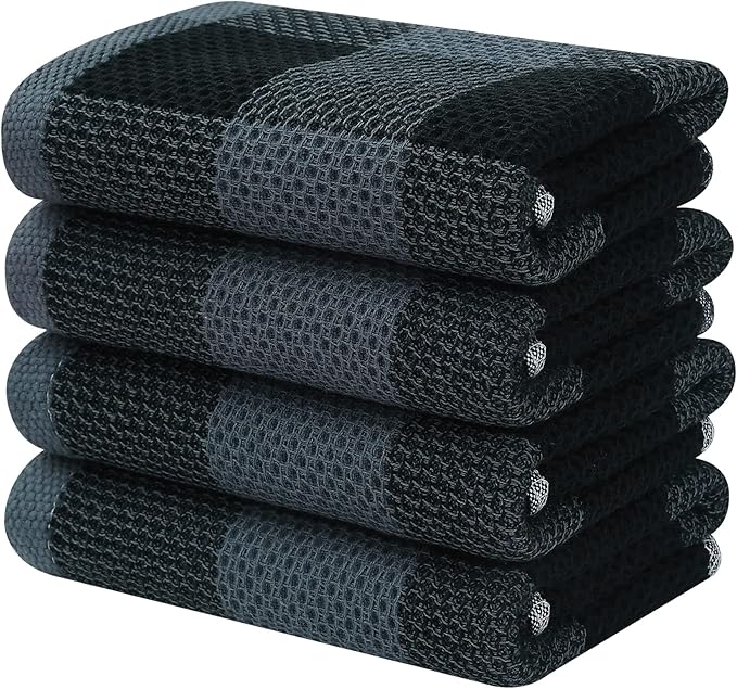 Homaxy 100% Cotton Waffle Weave Check Plaid Kitchen Towels, 13 x 28 Inches, Super Soft and Absorbent Dish Towels for Drying Dishes, 4-Pack, Black & Grey