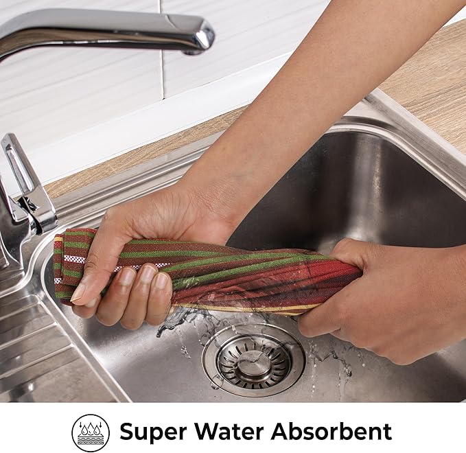 Urban Villa Fall Print Stripes Kitchen Towels Premium Quality 100% Cotton Harvest Dish Towels Mitered Corners Ultra Soft (Size: 20X30 Inch) Thanks Giving Highly Absorbent Tea Towels - (Set of 6)