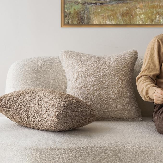 Foindtower Set of 2 Curly Teddy Wool Pillow Covers Decorative Boucle Textured Lumbar Throw Pillow Faux Fur Pillowcases Sheepskin Cushion Case for Sofa Bedroom Car 12"x20" Khaki