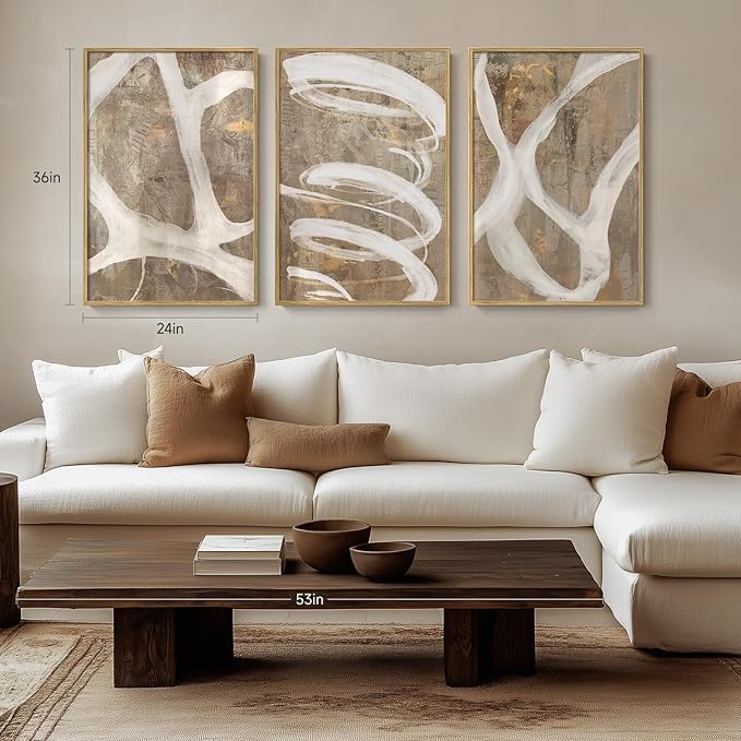Framed Abstract Wall Art for Living Room, 3 Piece Modern Brown Beige Canvas Painting Artwork for Walls, Large Minimalist Neutral Lines Abstract Wall Decor, Hallway, Bedroom, Office, 24x36 Inch