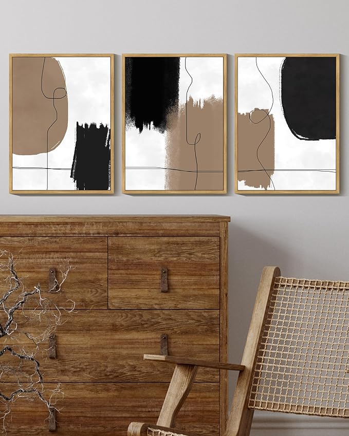 KUVIOKE Neutral Abstract Framed Wall Art Beige Mid Century Textured Wall Decor Minimalist Line Modern Illustrations Art Print Home Decor 11x14in (Natural Framed)