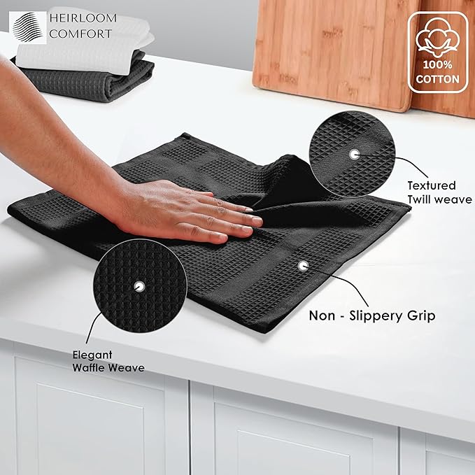 3 Pack Multi Color Waffle Weave Kitchen Towels, 16x26 Inch, 100% Cotton, Super Absorbent, Quick Dry, Hand Towels for Drying Dishes, Cleaning, Durable - White, Grey, Black