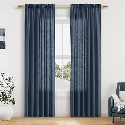 Guken Vintage Blue Linen Curtains 84 Inches Long 2 Panel Set Rod Pocket Semi Sheer Dining Room Cozy Bedroom Decor Cotton Look Country Rustic Farmhouse Boho Curtains 52x84