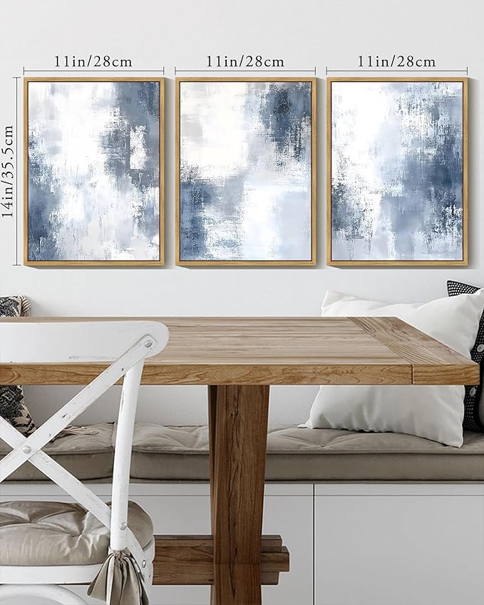KUVIOKE Navy Blue and Gray Abstract Framed Canvas Wall Art Brush Strokes Block Shape Pastel Wall Decor Modern Minimalist Art Painting Home Decor 11x14in (Natural Framed)