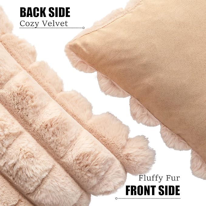 Neelvin Camel Faux Fur Cozy Soft Plaid Decorative Throw Pillow Covers 26x26 inch Set of 2,Velvet Pillowcase Cushion Case for Sofa Couch