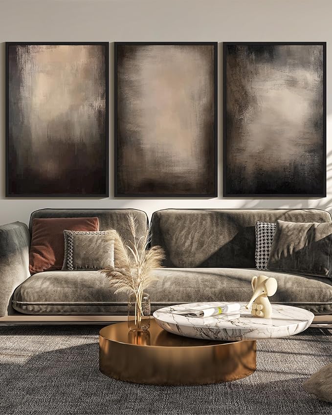 KUVIOKE Abstract Framed Wall Art Set Earthy in Deep Brown and Beige Tones Modern Art Decorative Home Decor 24x36in (Black Framed)