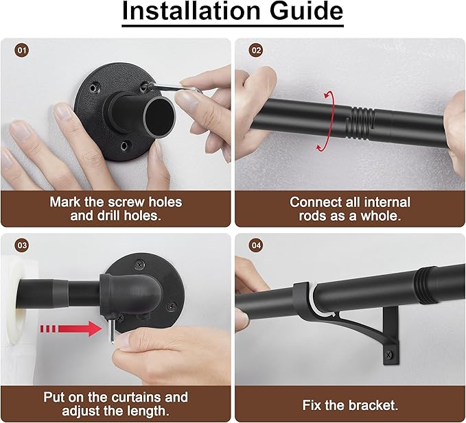 OEMQOBE Curtain Rods for Windows 16 to 84 Inches, Heavy Duty Industrial Curtain Rods 2 pack, Adjustable Wrap Around Blackout Curtains Rod, Black 1 Inch Indoor/Outdoor Drapery Rod