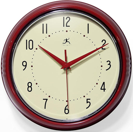Infinity Instruments LTD. Retro 12 inch Silent Sweep Non-Ticking Mid Century Modern Kitchen Diner Wall Clock Quartz Movement Retro Wall Clock Decorative (Red)