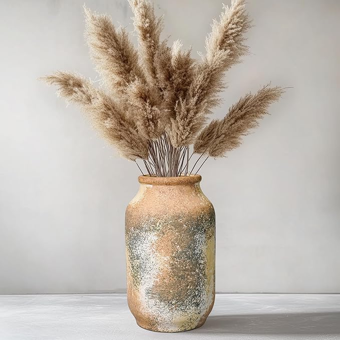 Rustic Ceramic Flower Vase, 9 Inch Terracotta Vase, Farmhouse Decor for Table Living Room Shelf Home Decor Gift Terra