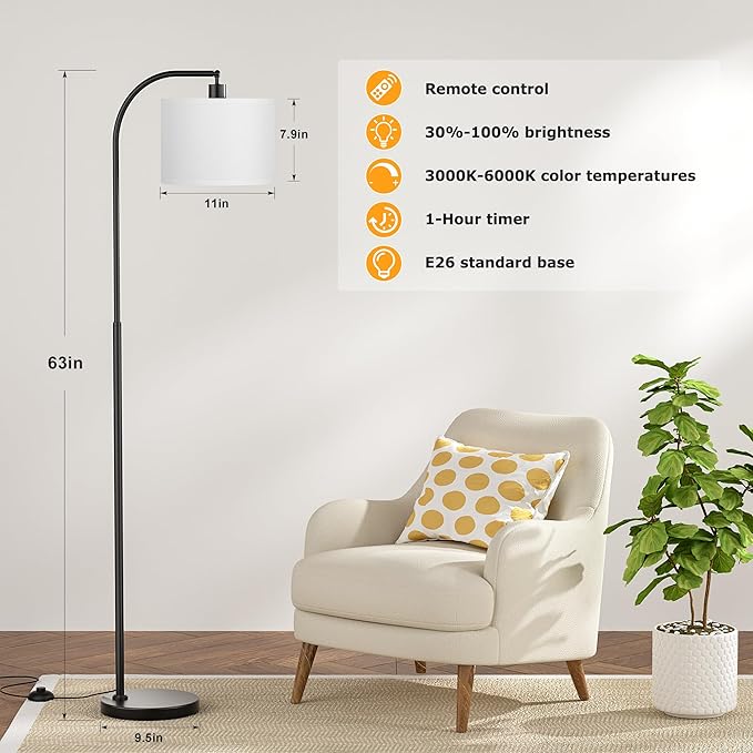Arc Floor Lamp with Remote and Stepless Dimmable Bulb, Colors Temperature & Brightness Adjustable, Floor Lamps for Living Room（White Shade & Black Pole）