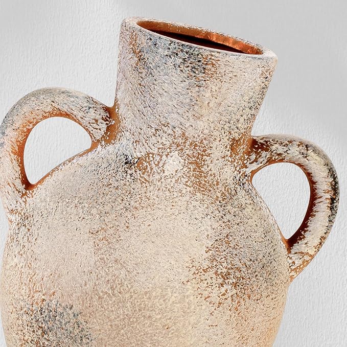 Rustic Ceramic Farmhouse Flower Vase with 2 Handles, Whitewashed Terra Cotta Vase, Decorative Pottery Flower for Home Decor, Table, Living Room, Shelf Decor, 7.3 Inch, Terra