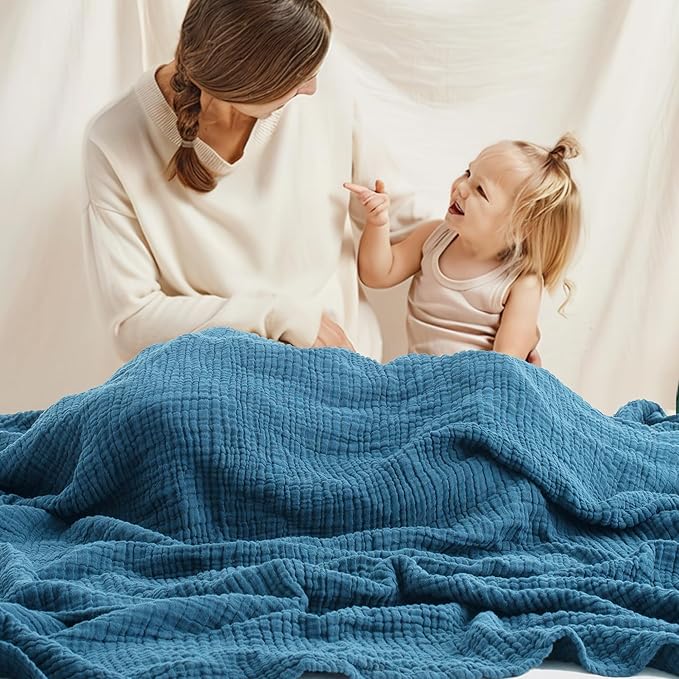 Carriediosa 100% Cotton Muslin Throw Blanket 70" X 80" Twin Size，4-Layers Summer Gauze Throws for Bed Couch，Soft Lightweight Breathable Linen Blankets Bedspread for Adults All Season，Dusty Blue