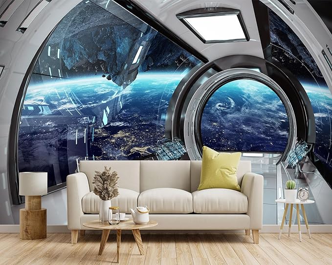 -3D Capsule Space Fabric Wallpaper Living Room Bedroom Bathroom Boys Girls Children's Room Spaceship Large Mural- 160"x108"（ not Peel and Stick）
